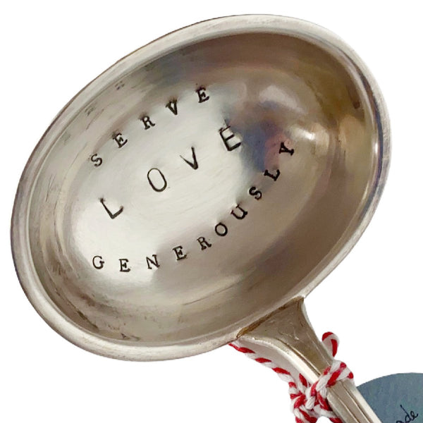 mondocherry - antique silverware XXL ladle | "serve love generously" - close