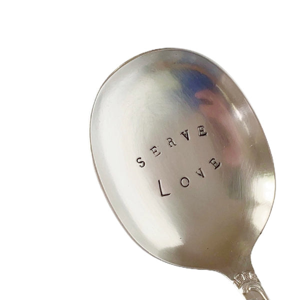 mondocherry - antique silverware serving spoon | "serve love" - close