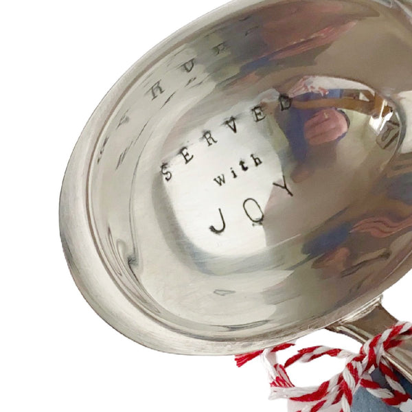 mondocherry - antique silverware XXL ladle | "served with joy" - close