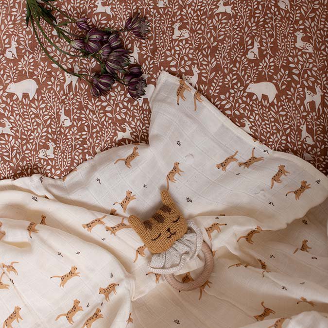 mondocherry - main sauvage | woodland muslin swaddle blanket - sheet