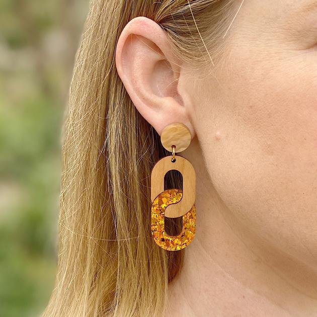 Martha Jean | chain earrings | pink and mustard - wear