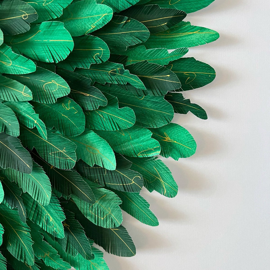 mondocherry - "green thorntail" | paper feather framed wall art - close