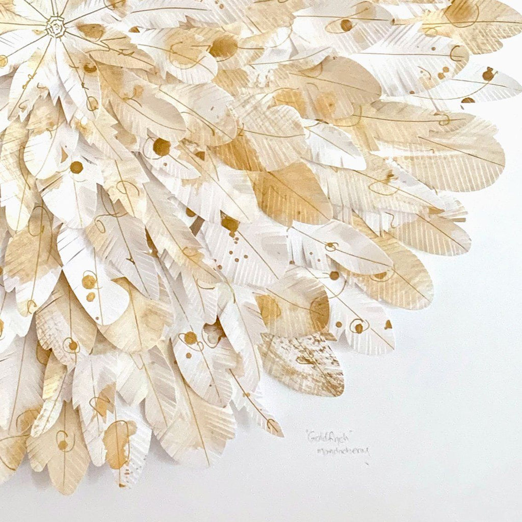 mondocherry gold finch paper feather wall art closeup