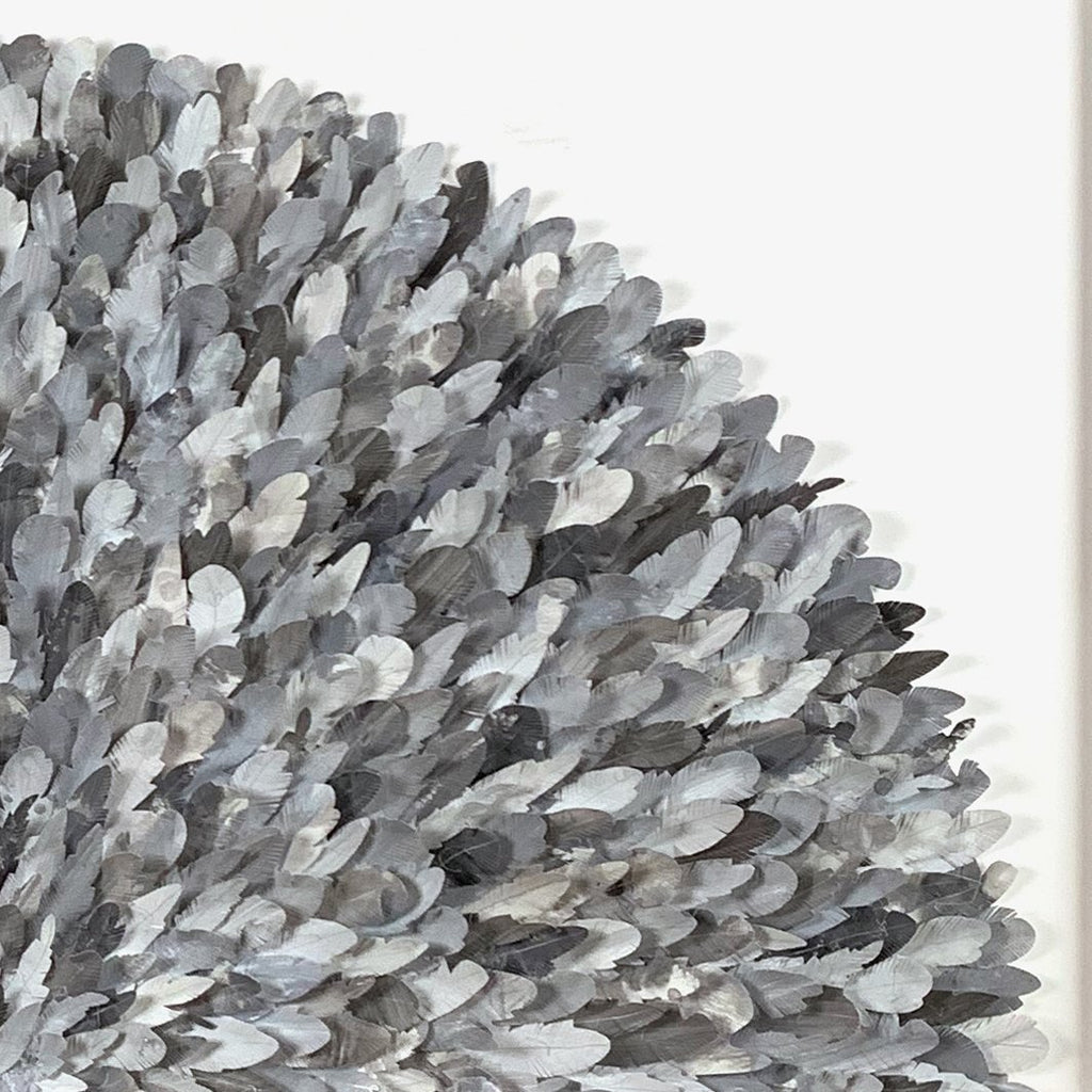 mondocherry junco paper feather wall art closeup