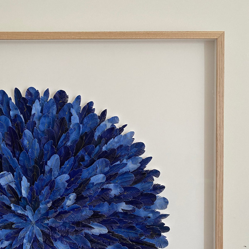 "indigo bunting" - paper feather framed wall art - close