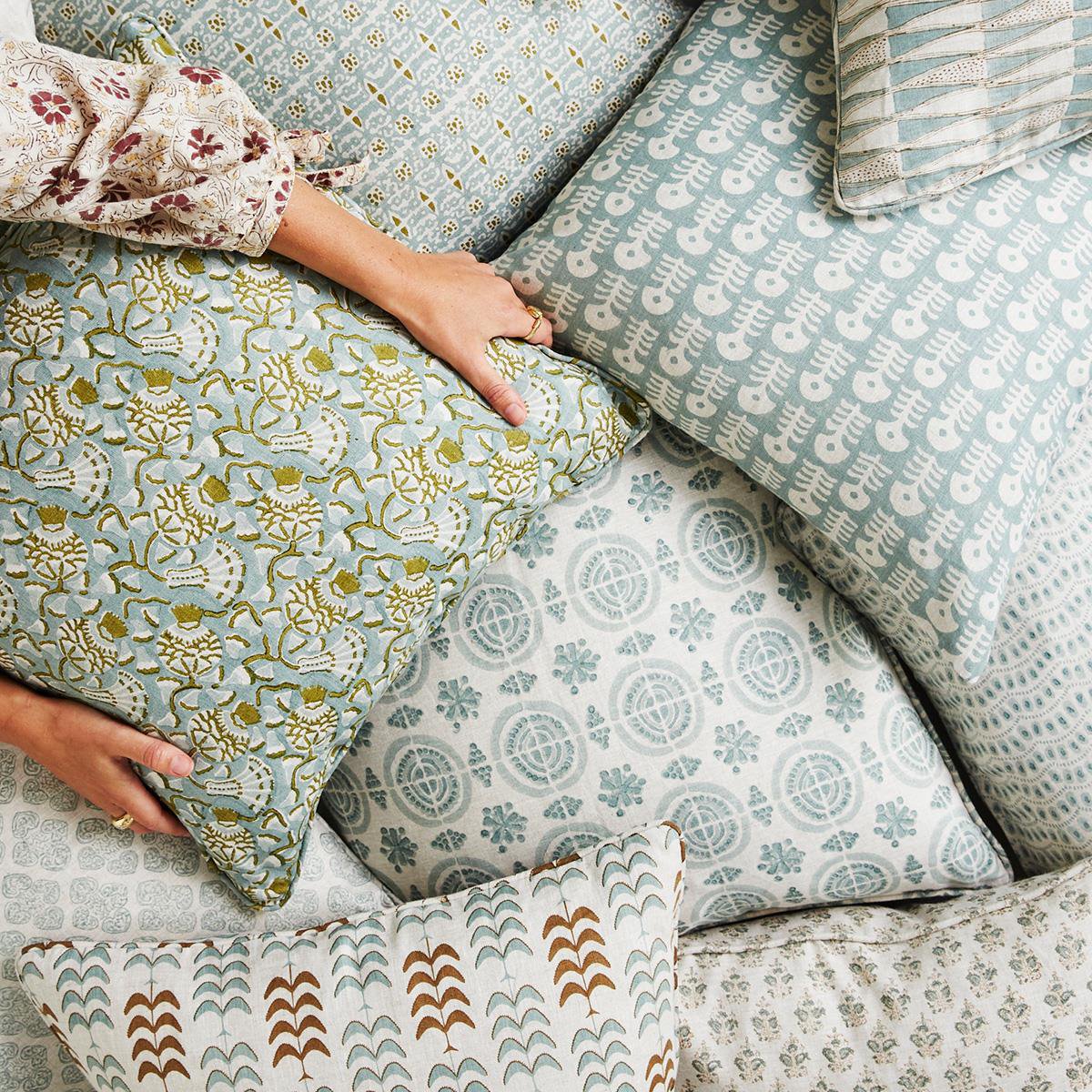 Walter G | iznik linen cushion | moss celadon - mondocherry - pile