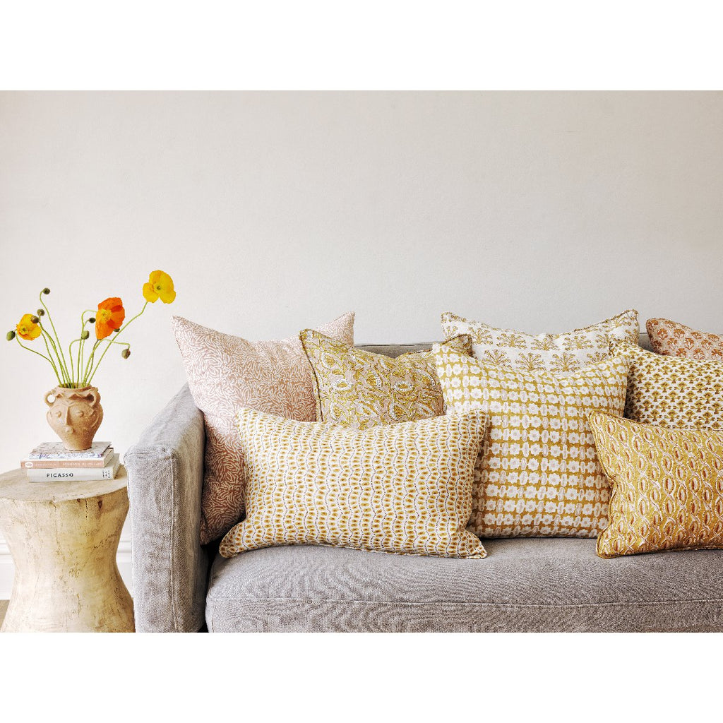 Walter G | pahari linen cushion | saffron on sofa