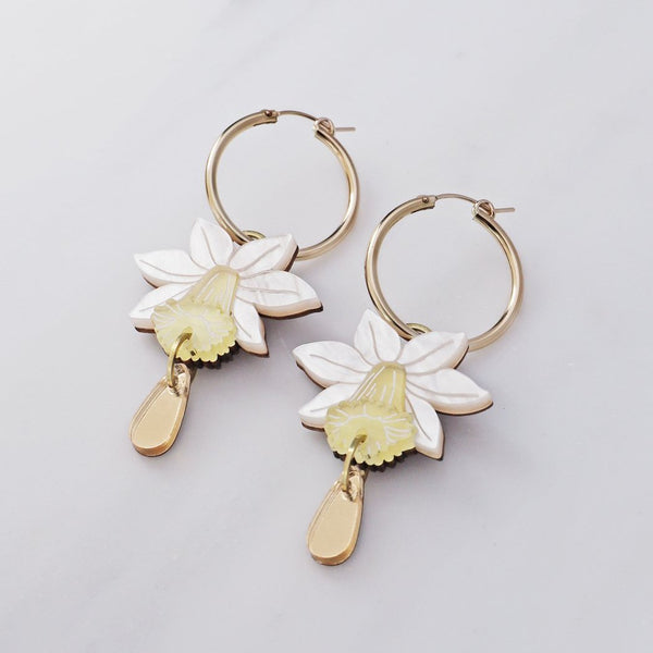Wolf and Moon | daffodil drop hoop earrings