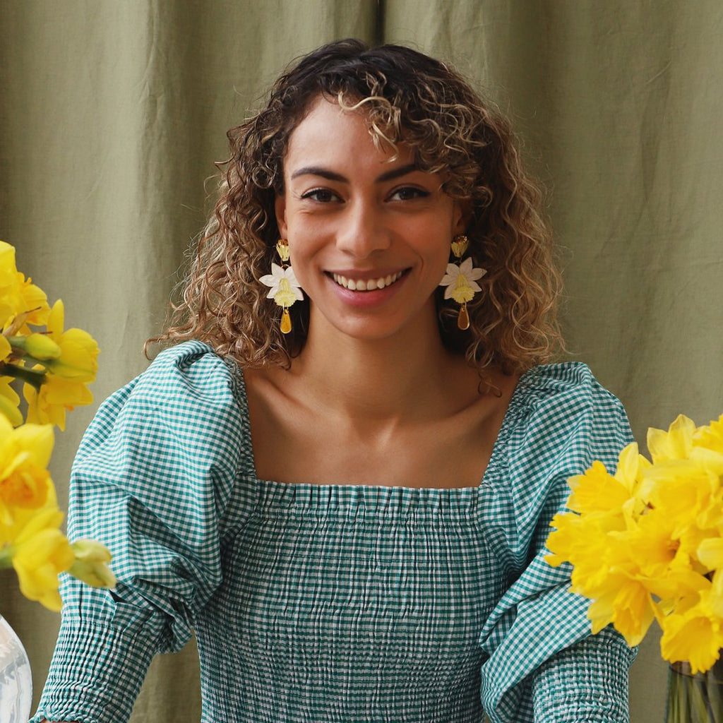 Wolf and Moon | daffodil statement earrings - model