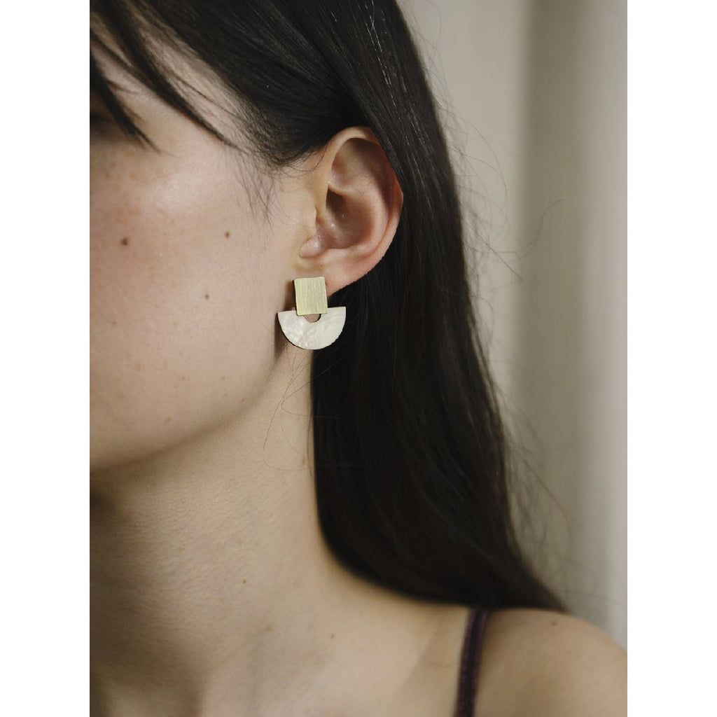 Wolf and Moon | marina stud earrings | mother of pearl - model close