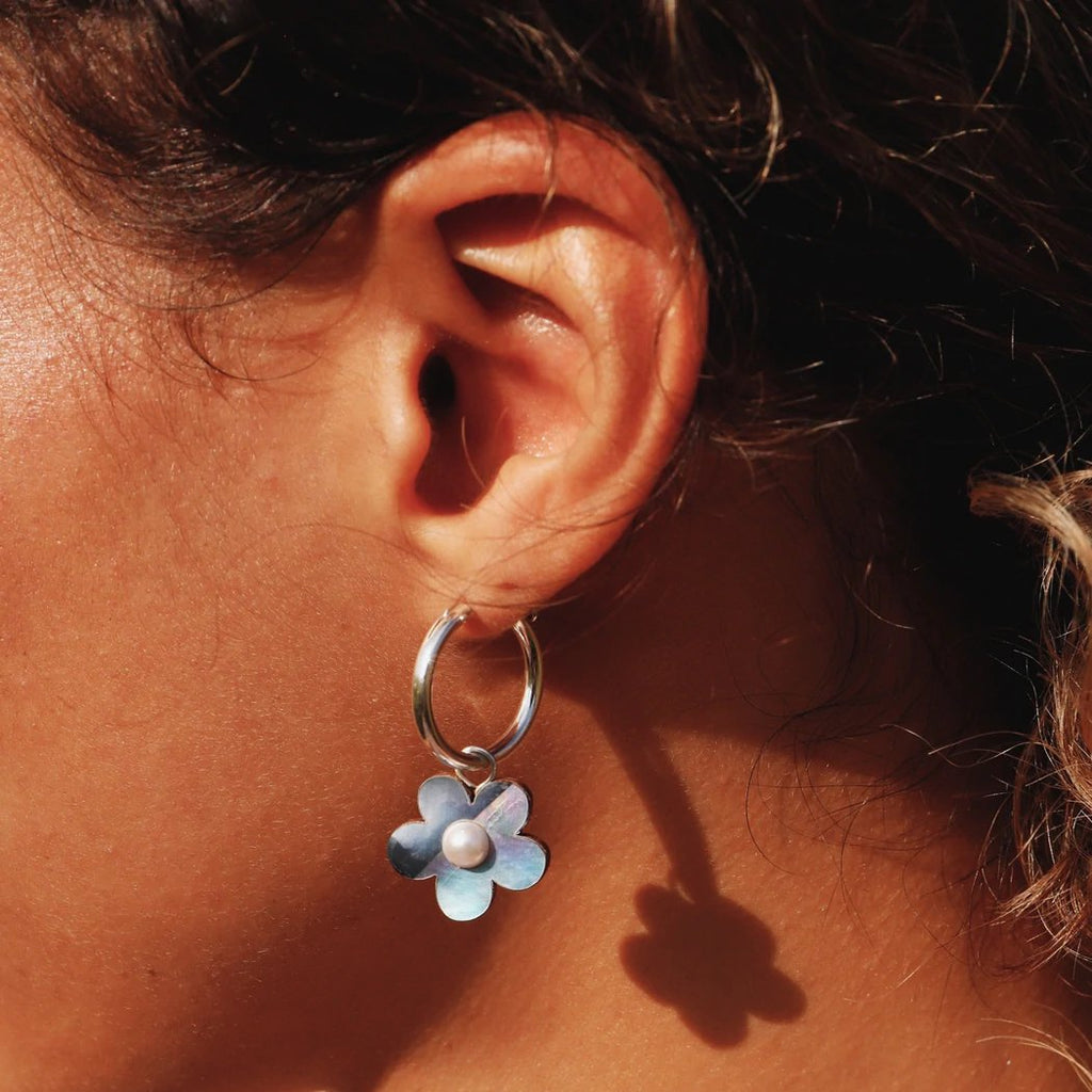 Wolf and Moon | mini bloom hoop earrings | mother of pearl blue - close