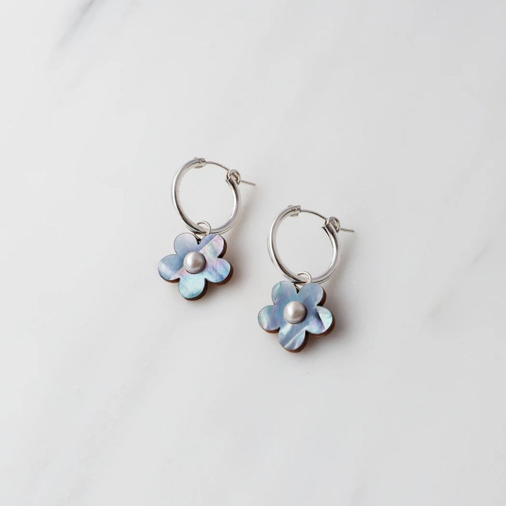 Wolf and Moon | mini bloom hoop earrings | mother of pearl blue