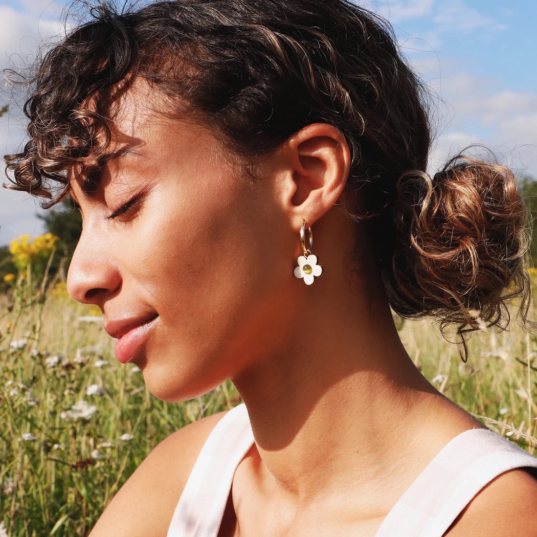Wolf and Moon | mini bloom hoop earrings | white pearl - model