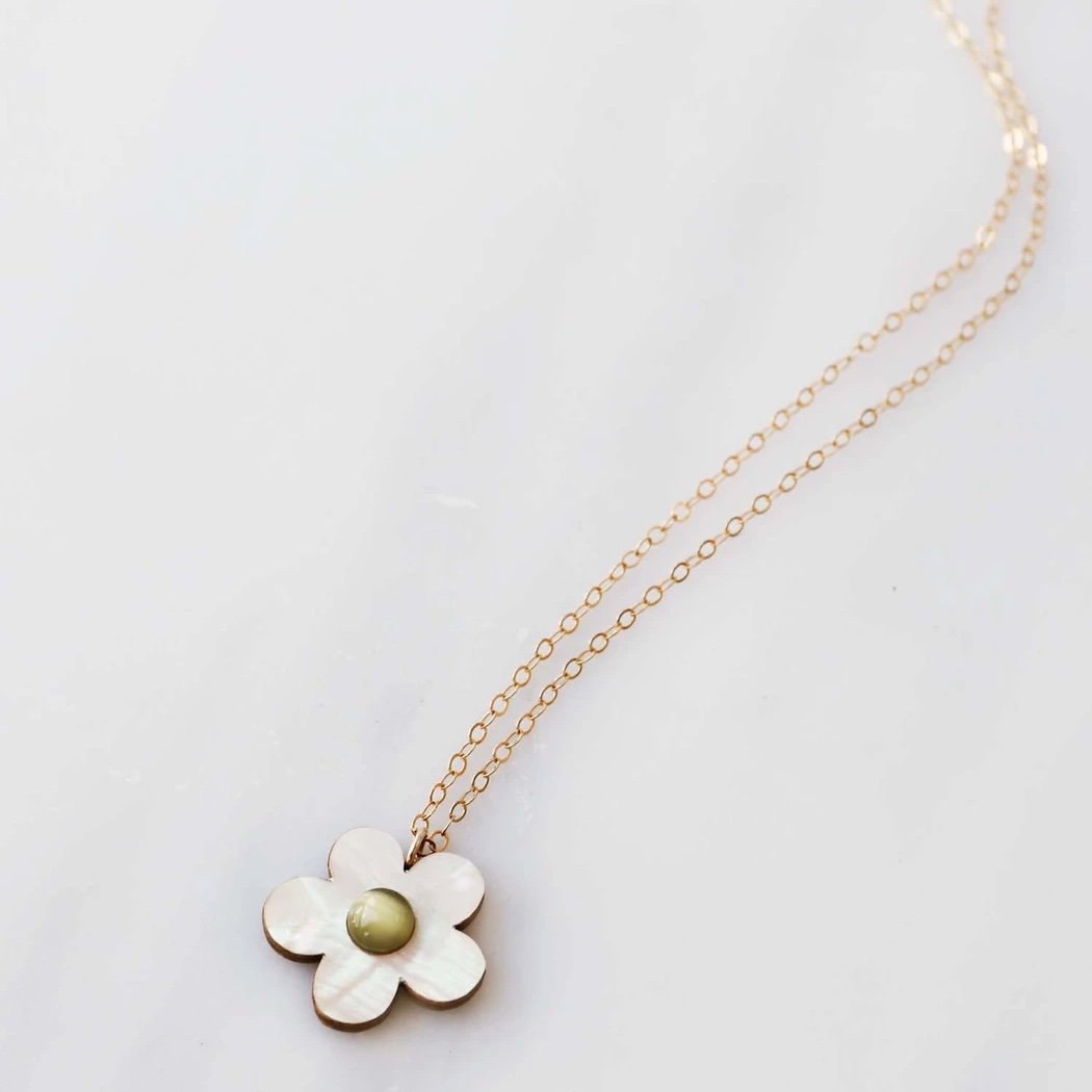 Wolf and Moon | mini bloom necklace | white pearl - close