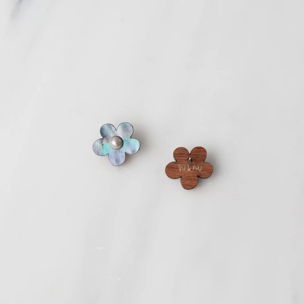 Wolf and Moon | mini bloom stud earrings | blue pearl - back