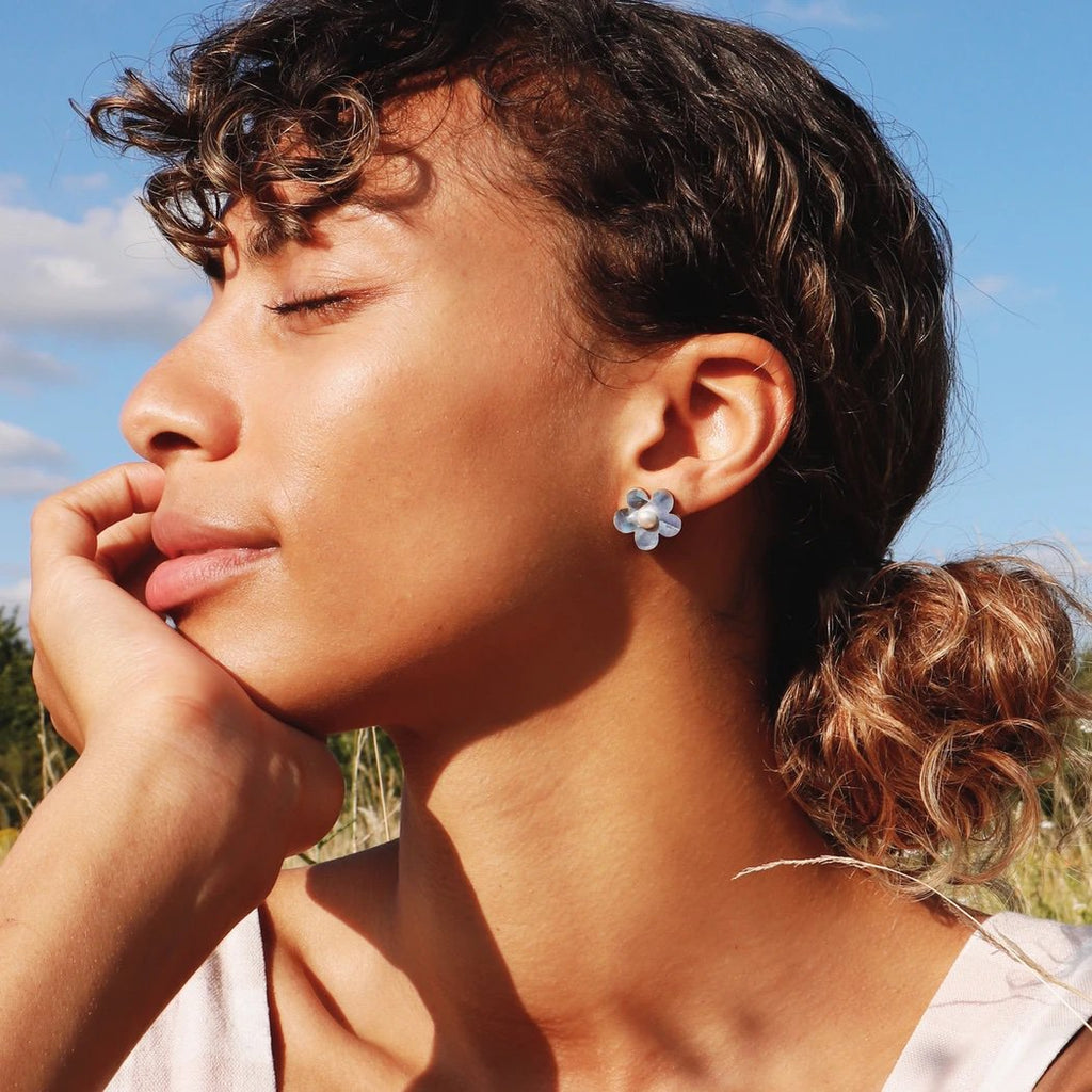 Wolf and Moon | mini bloom stud earrings | blue pearl - model