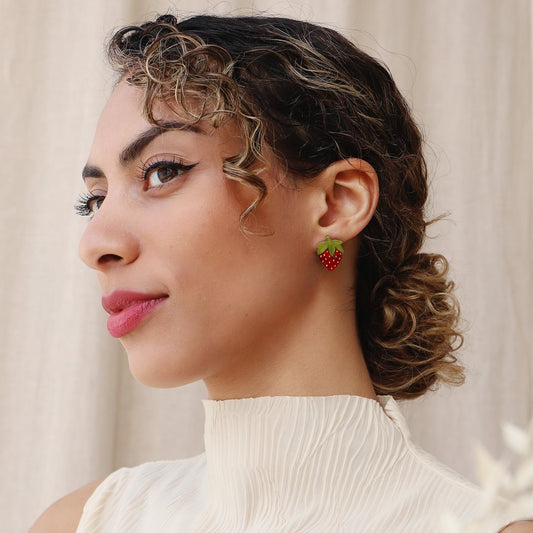 Wolf and Moon | mini strawberry stud earrings - model