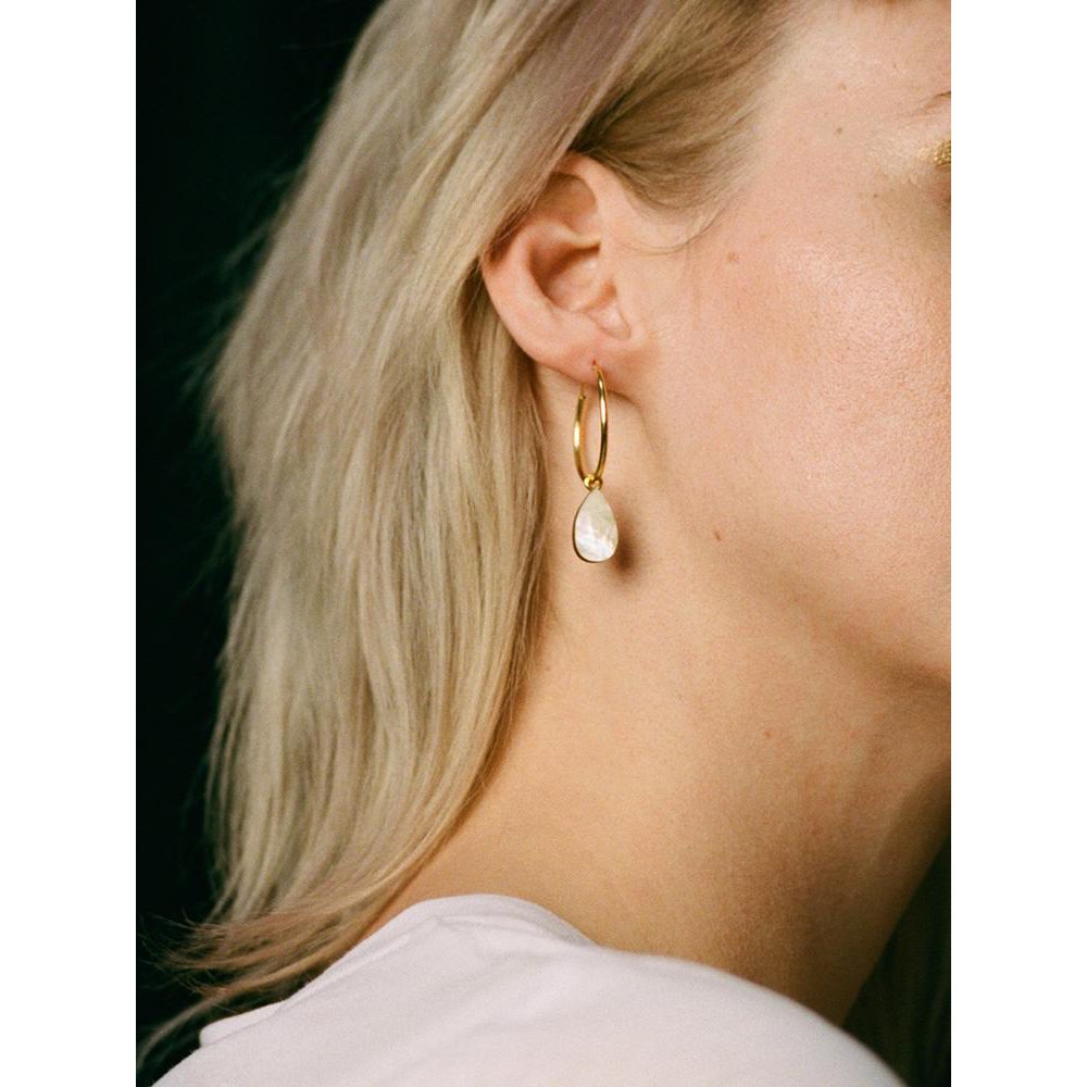 Wolf and Moon | raindrop hoop earrings | mother of pearl - model