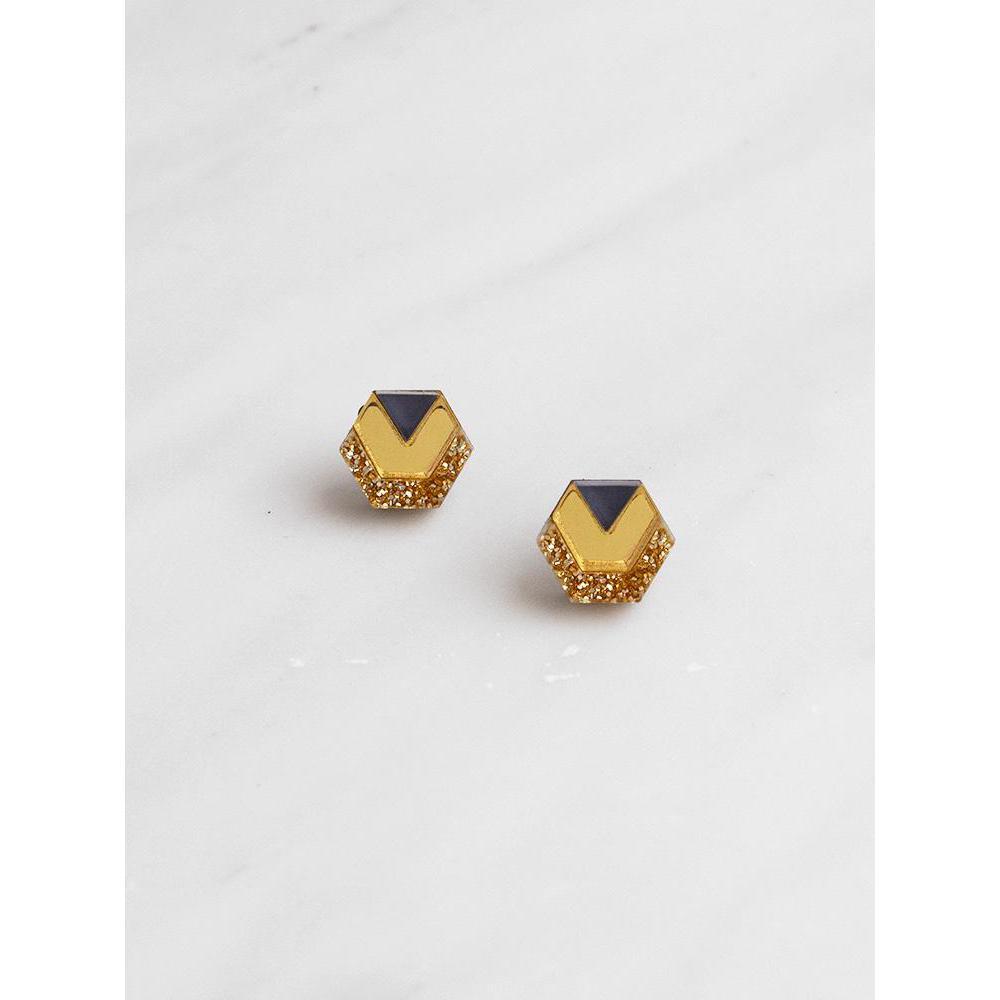 Wolf and Moon | little hex stud earrings| navy gold glitter