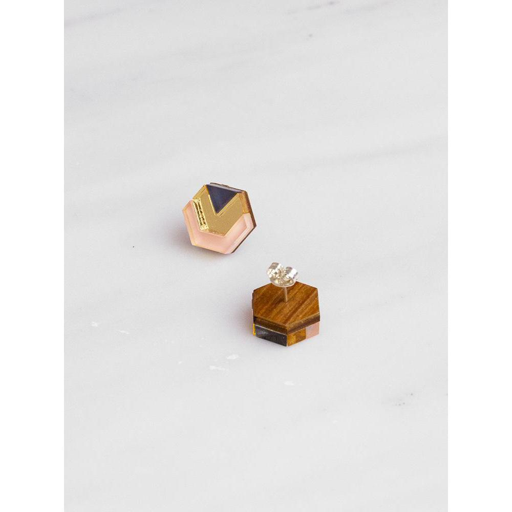 Wolf and Moon | little hex stud earrings| peach gold navy - back