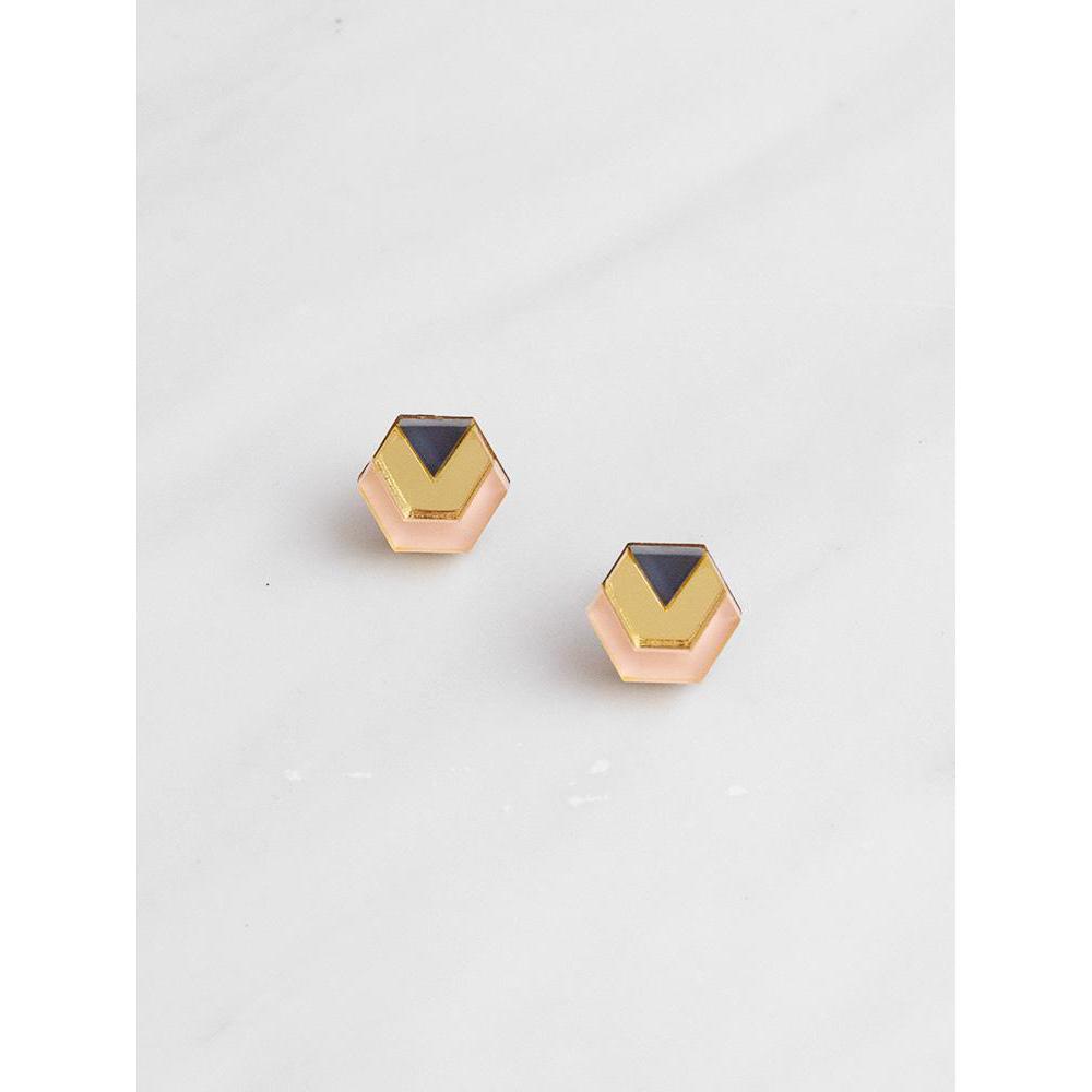 Wolf and Moon | little hex stud earrings| peach gold navy
