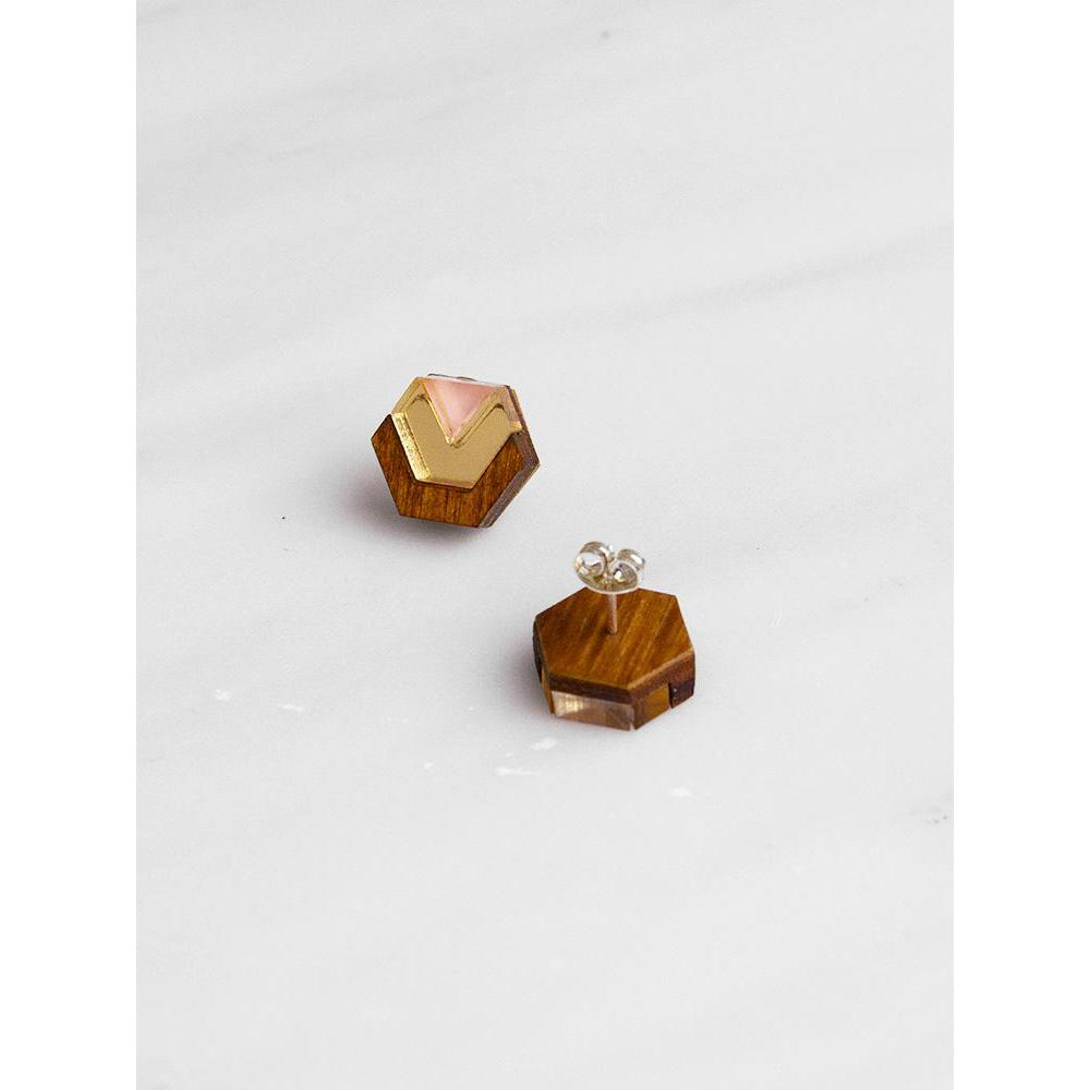 Wolf and Moon | little hex stud earrings| wood gold peach - back