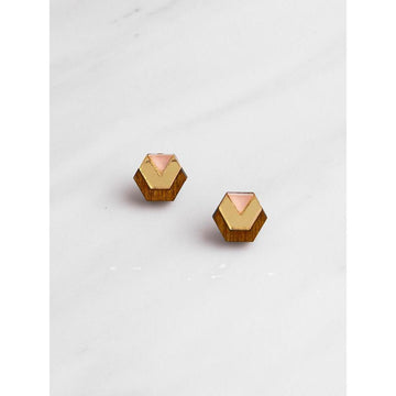 Wolf and Moon | little hex stud earrings| wood gold peach