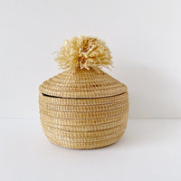 African woven pom pom lidded basket | natural #1