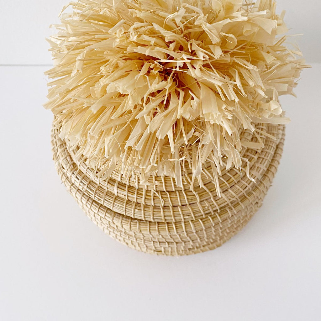 African woven pom pom lidded basket | natural #3 - top