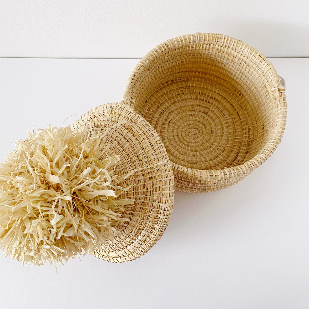 African woven pom pom lidded basket | natural #3 - open