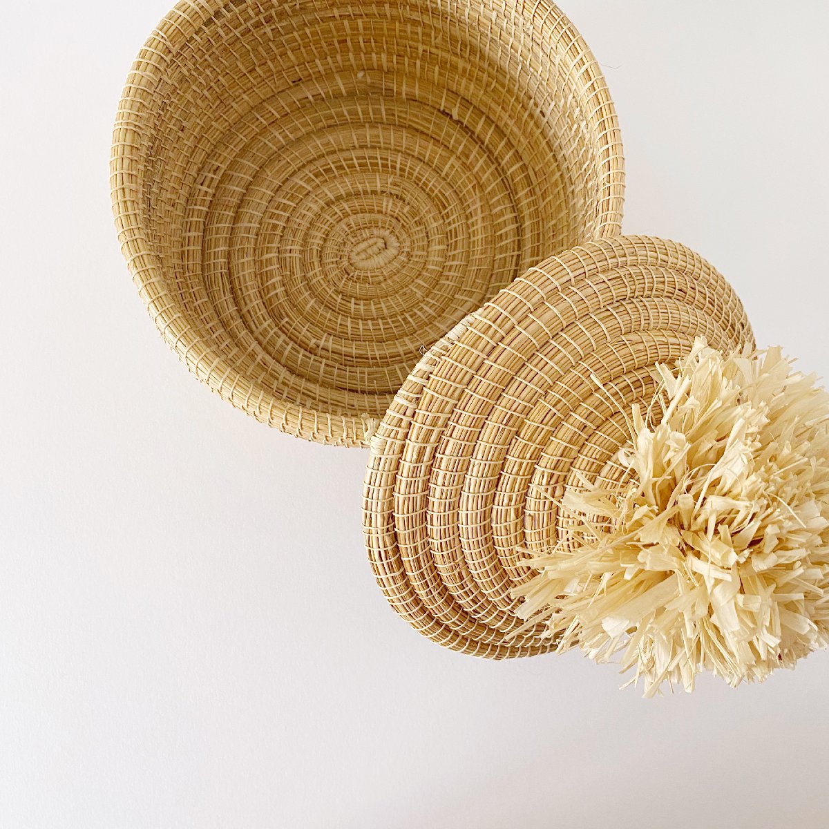 African woven pom pom lidded basket | natural #1 - open