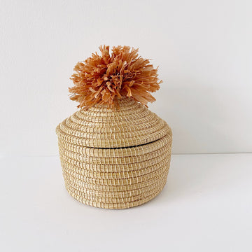 African woven pom pom lidded basket | peach #3