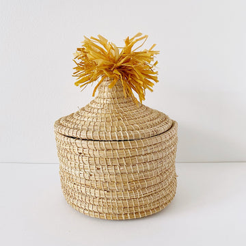 African woven pom pom lidded basket | sunset #2