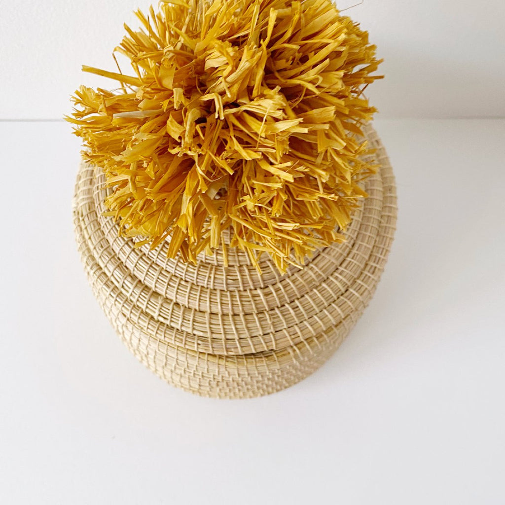 African woven pom pom lidded basket | sunset #3 - top