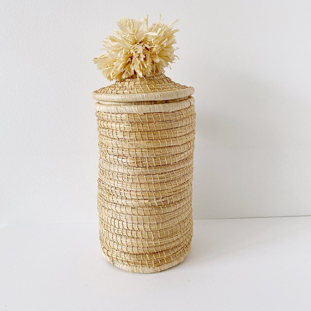 African woven pom pom lidded tall basket | natural #1