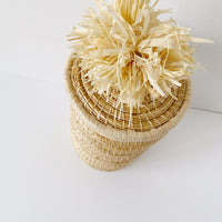 African woven pom pom lidded tall basket | natural #1 - top