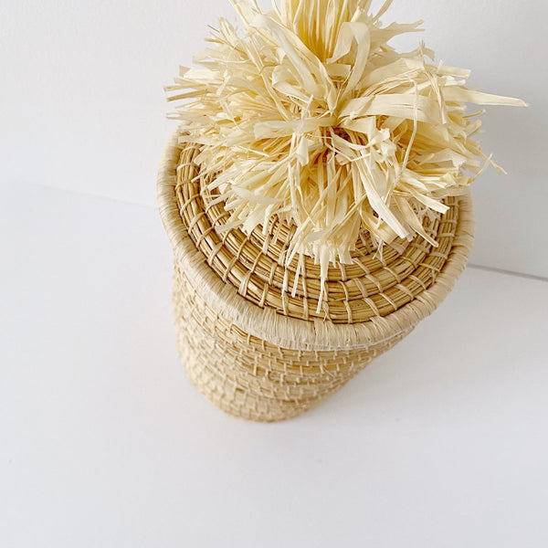 African woven pom pom lidded tall basket | natural #1 - top