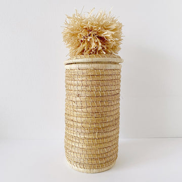 African woven pom pom lidded tall basket | natural #3