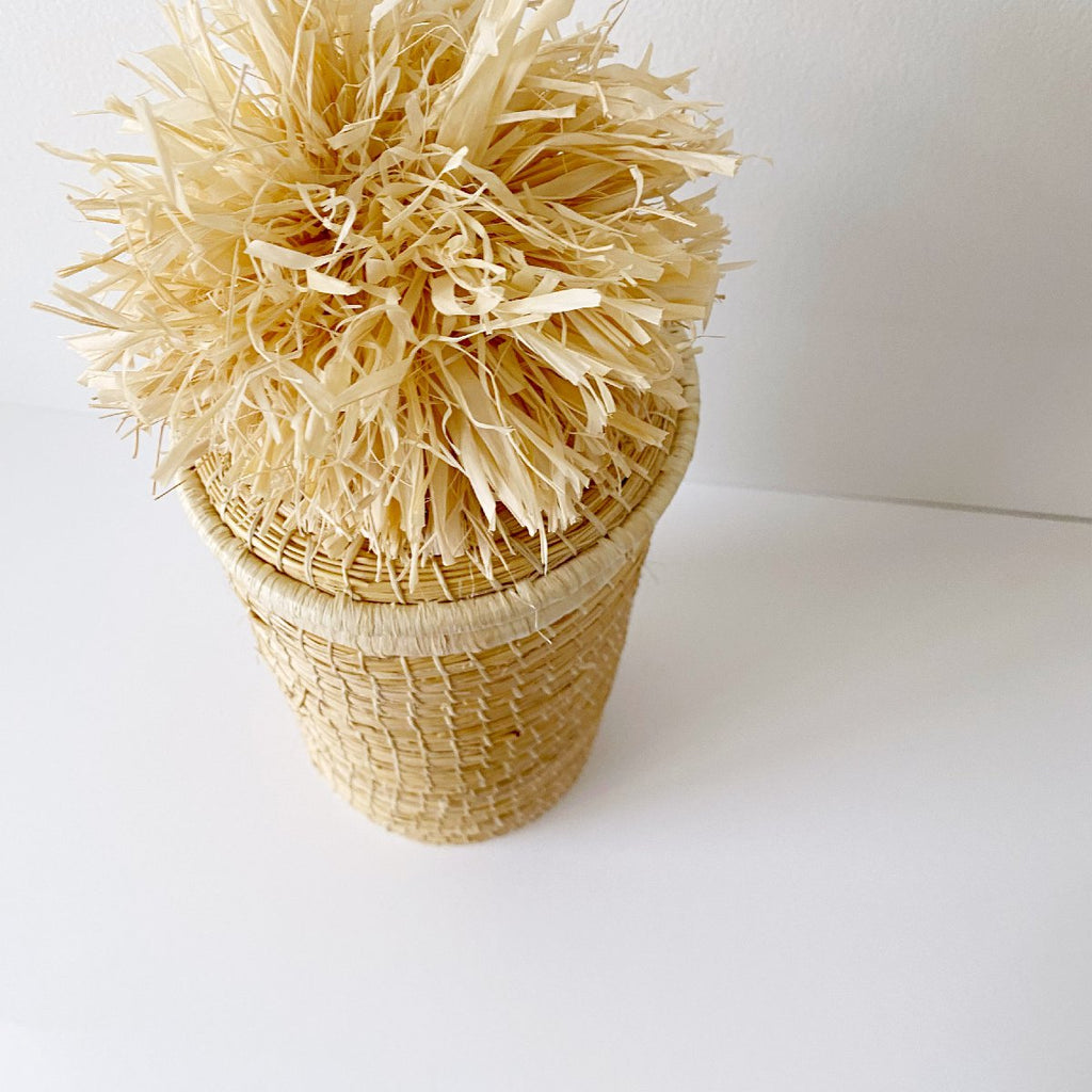 African woven pom pom lidded tall basket | natural #3 - top